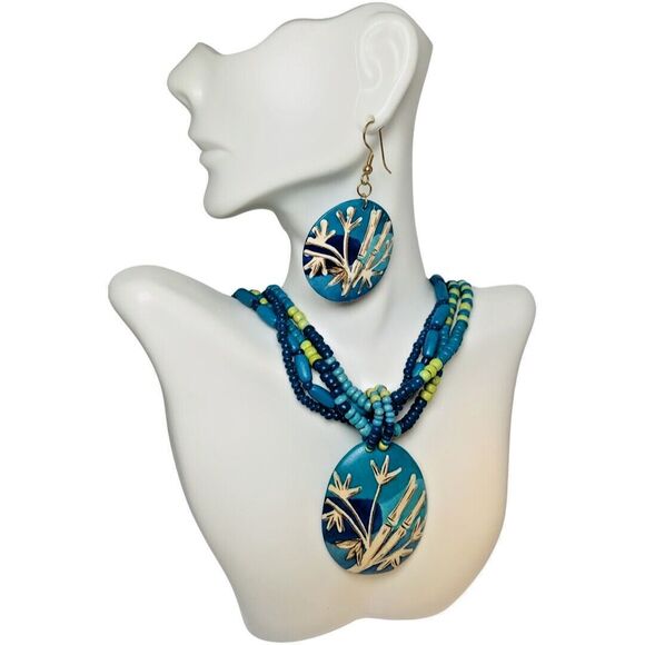 Blue Hawaiian Flower Jewelry Set 18” Earrings Necklace Pendant Bohemian Bamboo - Picture 3 of 12